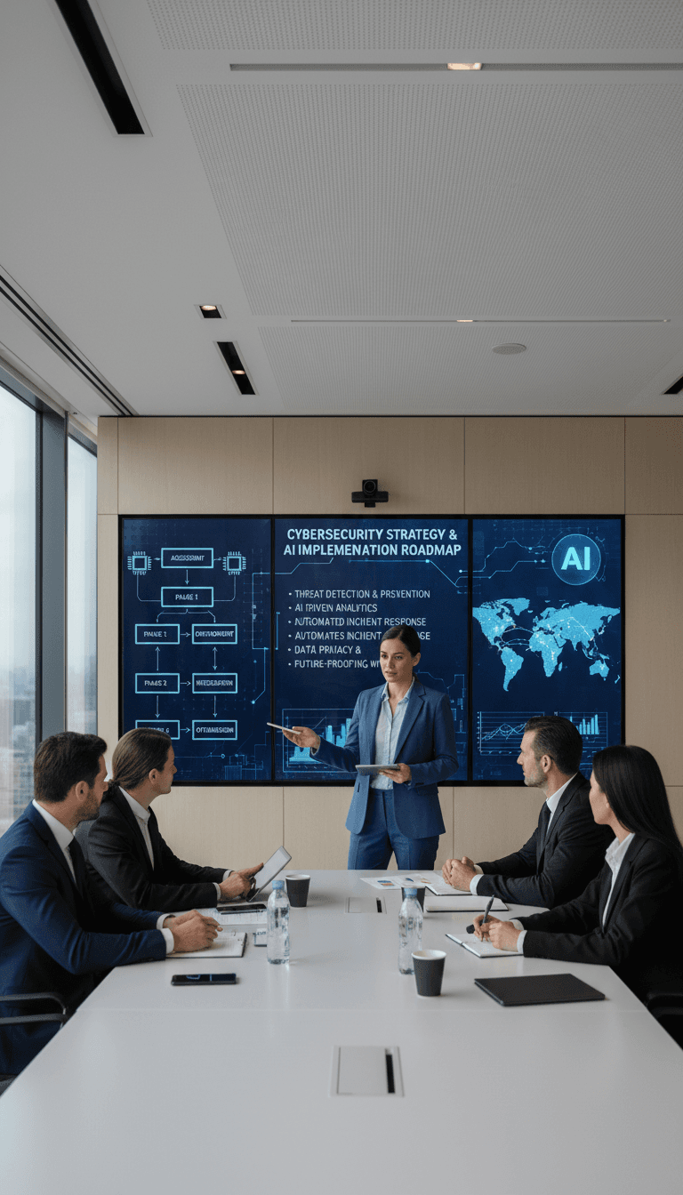 Team reviewing technology strategy in conference room